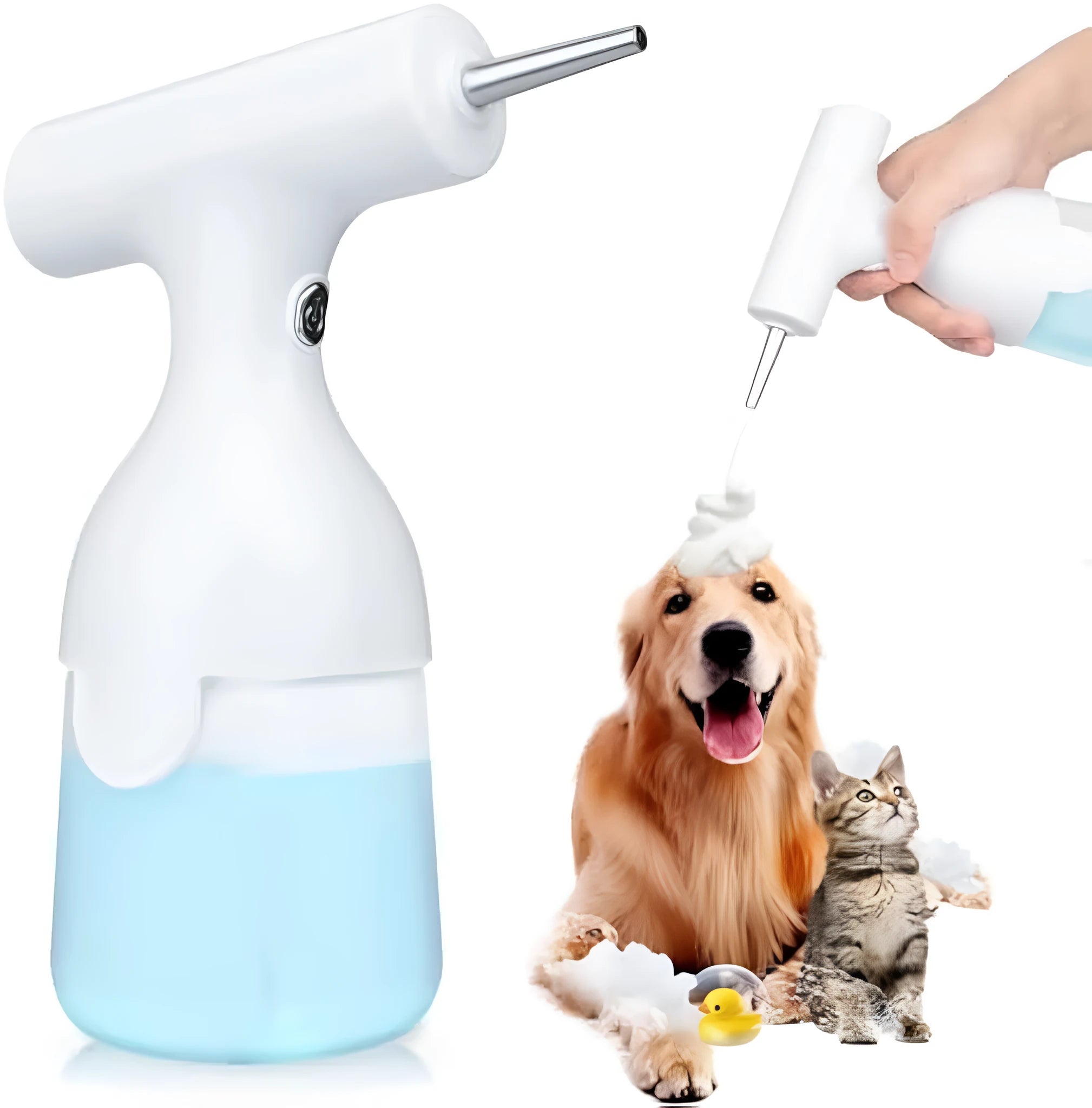 White electric foam soap dispenser with rechargeable battery and two nozzles for pet bathing and household cleaning
