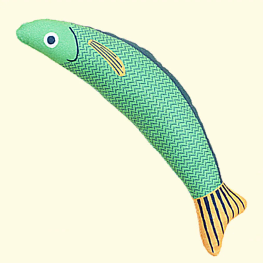 Soft plush fish cat toy with organic catnip and crinkle sound in green orange and yellow colours for kittens