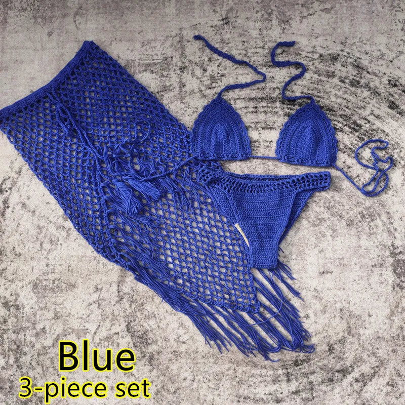 Women's 3-piece handmade crochet bikini set with skirt cover-up in solid colour acrylic fibre