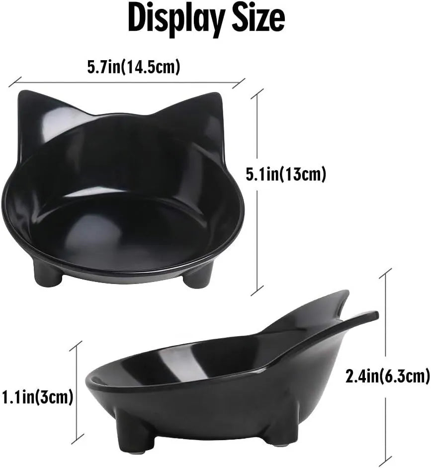 Set of four shallow melamine cat bowls with non-slip rubber bases in black and white