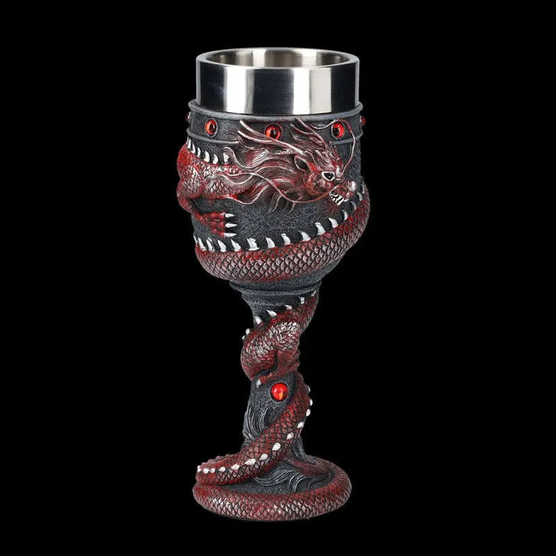 Red wine glass with 3D dragon stainless steel stem, resin base, and 200ml clear glass bowl in gold or red