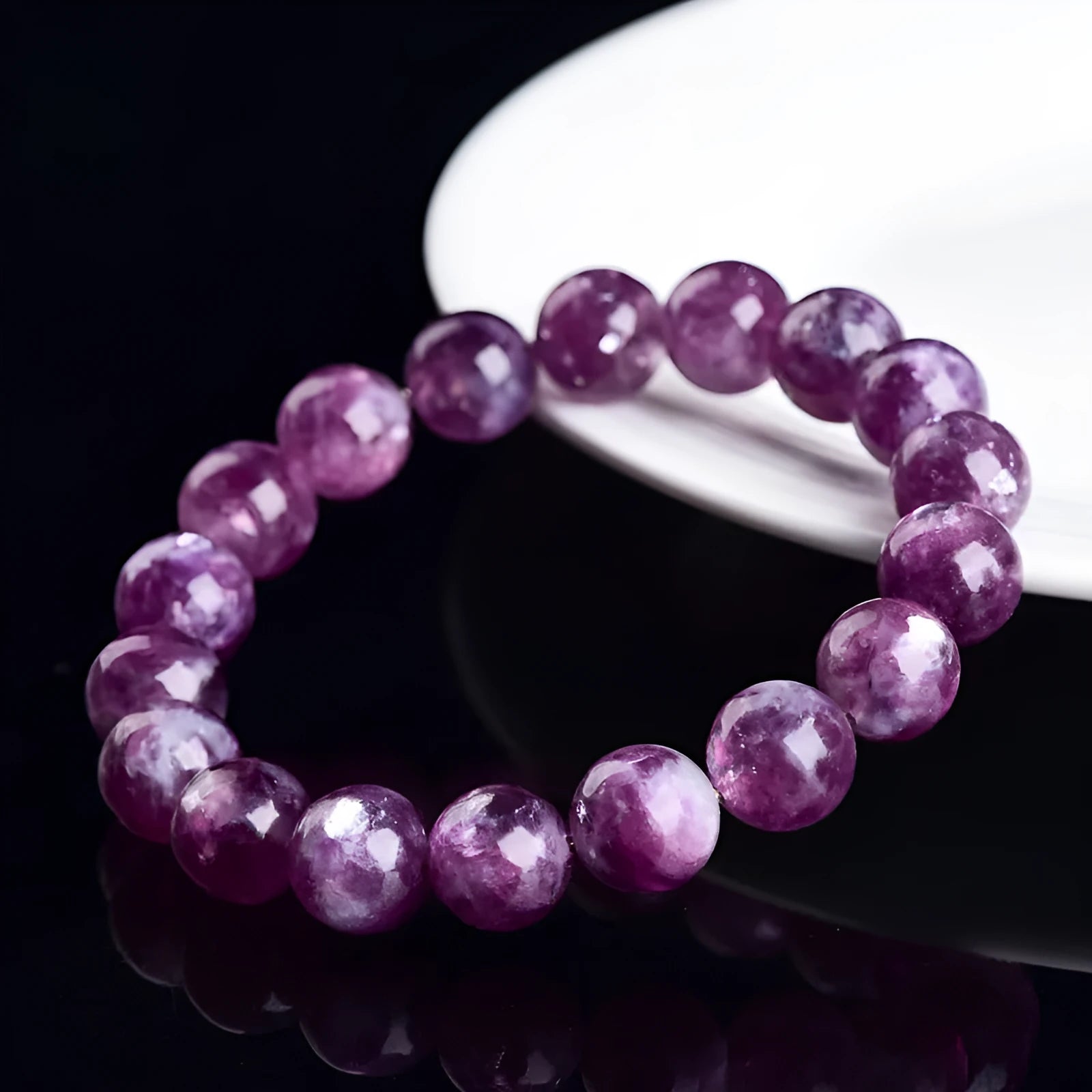 Purple amethyst crystal bracelet with geometry beads in Korean style, showing polished 5A grade stones on adjustable strand