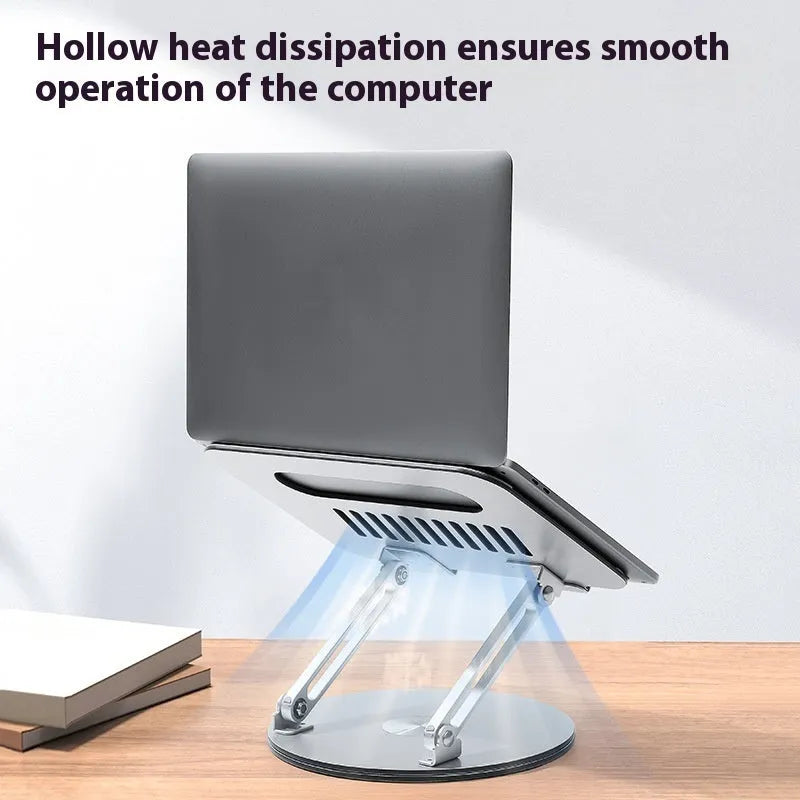 Silver aluminium alloy laptop stand with rotatable and foldable design on desk