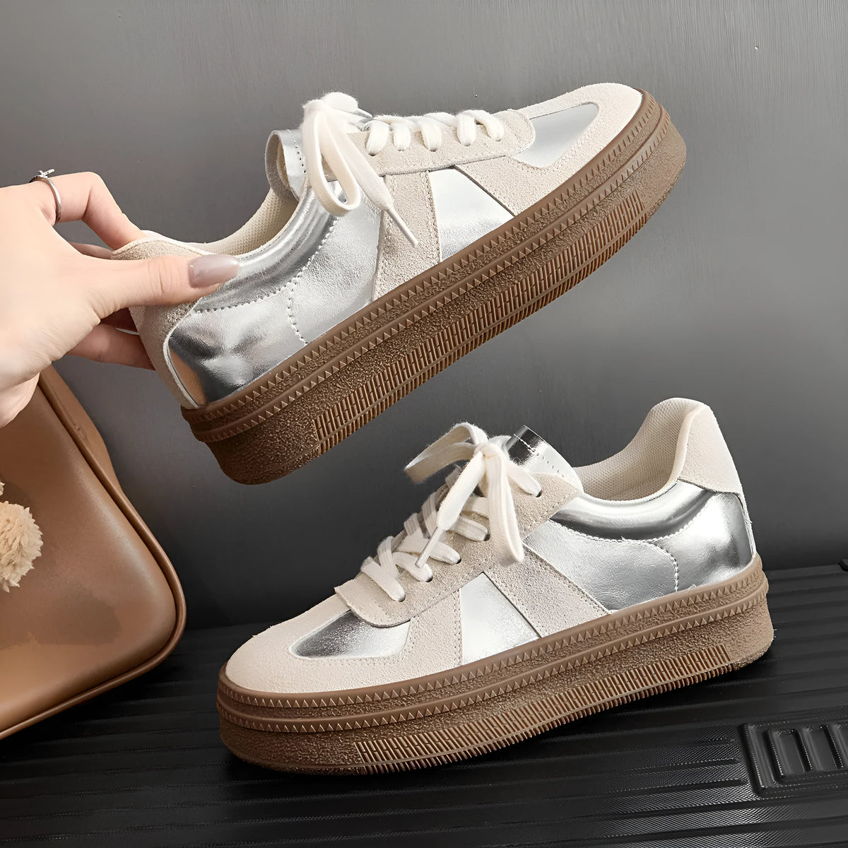 Retro milky white board shoes with cross shoulder straps and round toe on a rubber sole