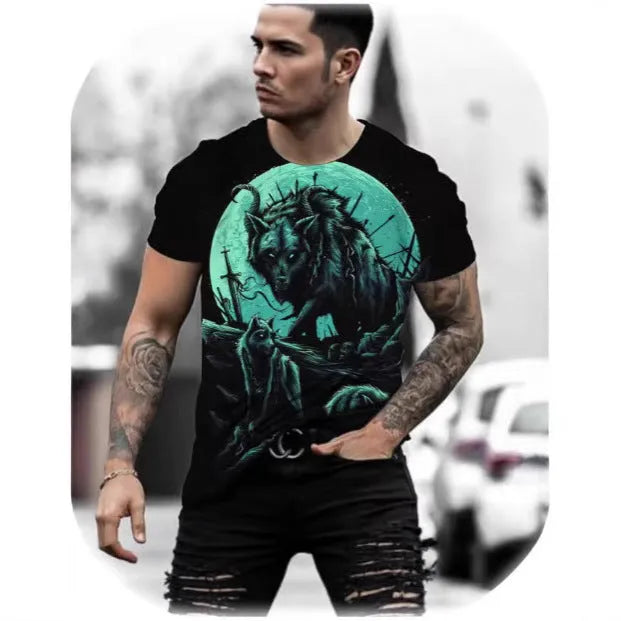 Retro 3D animal print design on a men's light grey short-sleeved t-shirt.