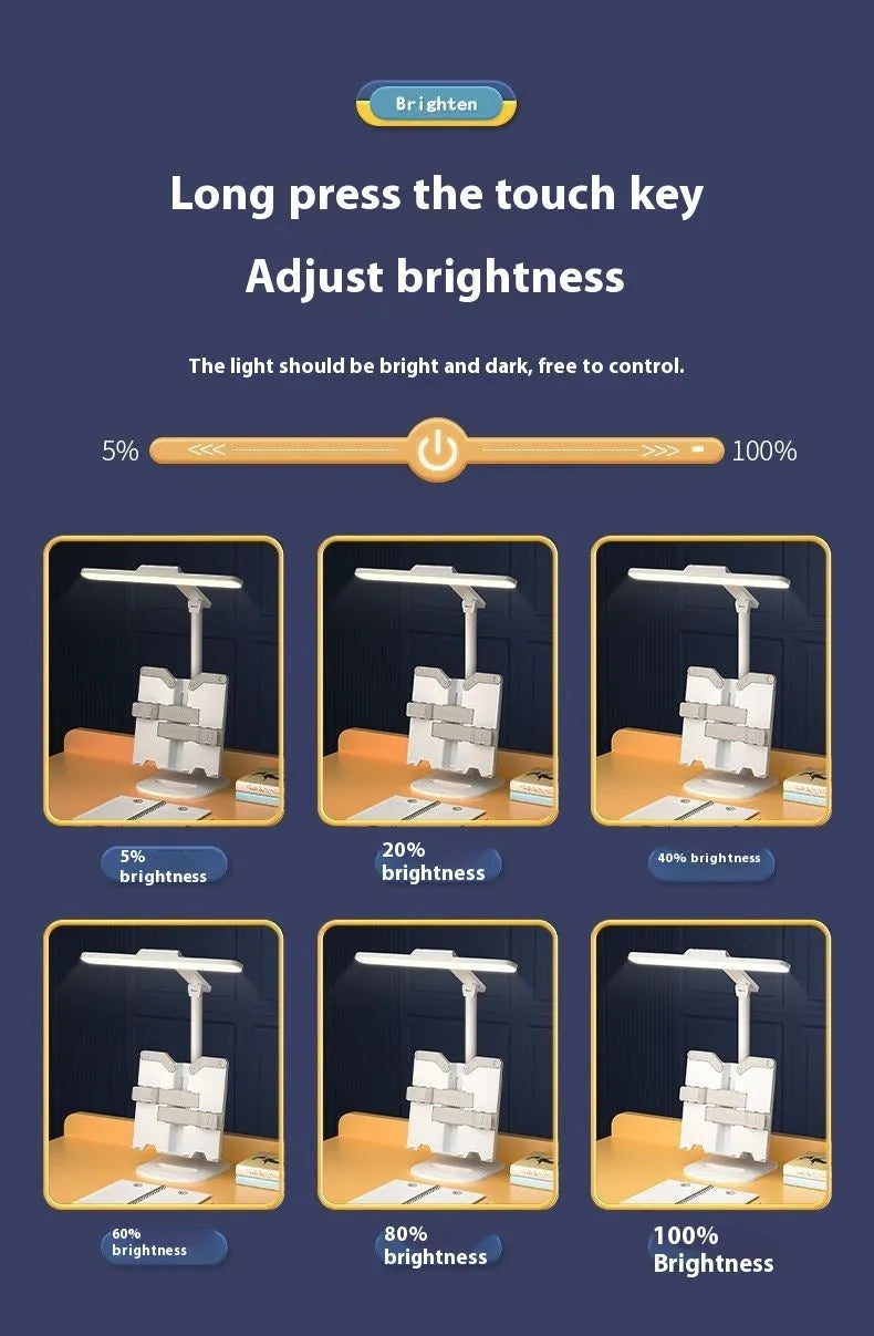 Adjustable LED table lamp with bookshelf design showing three colour temperature settings and charging cable