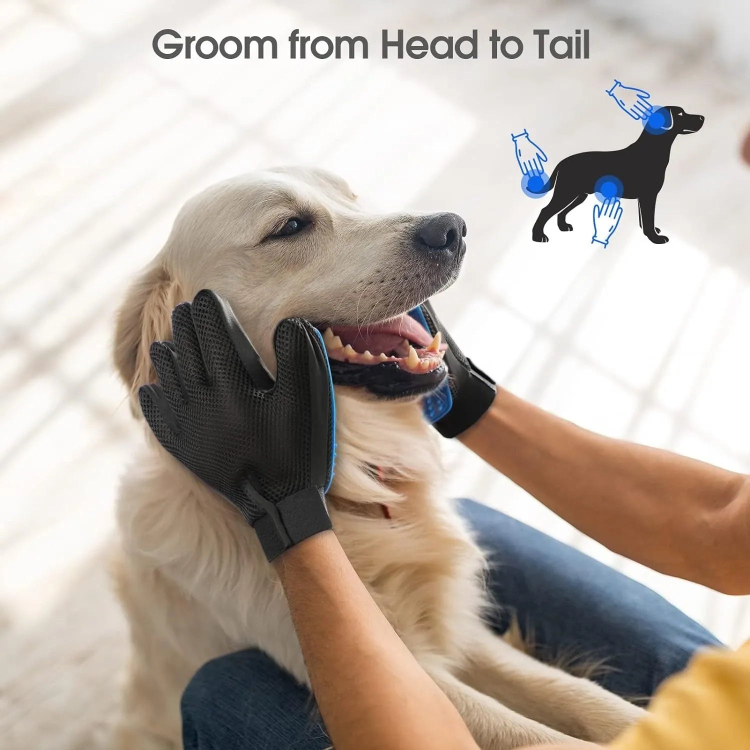 Blue pet grooming gloves with silicone tips for dog and cat hair removal during brushing and bathing