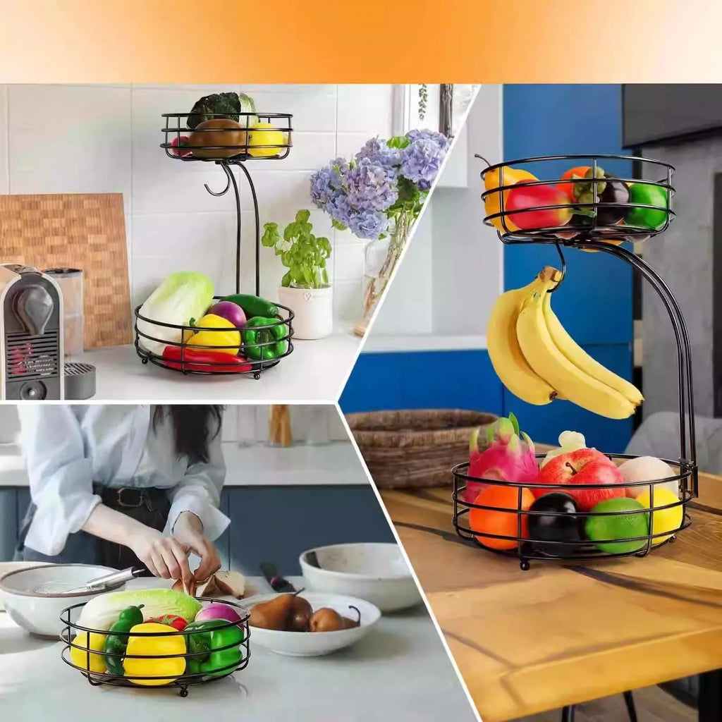 Wrought iron double-layer fruit storage basket in black or gold colour.