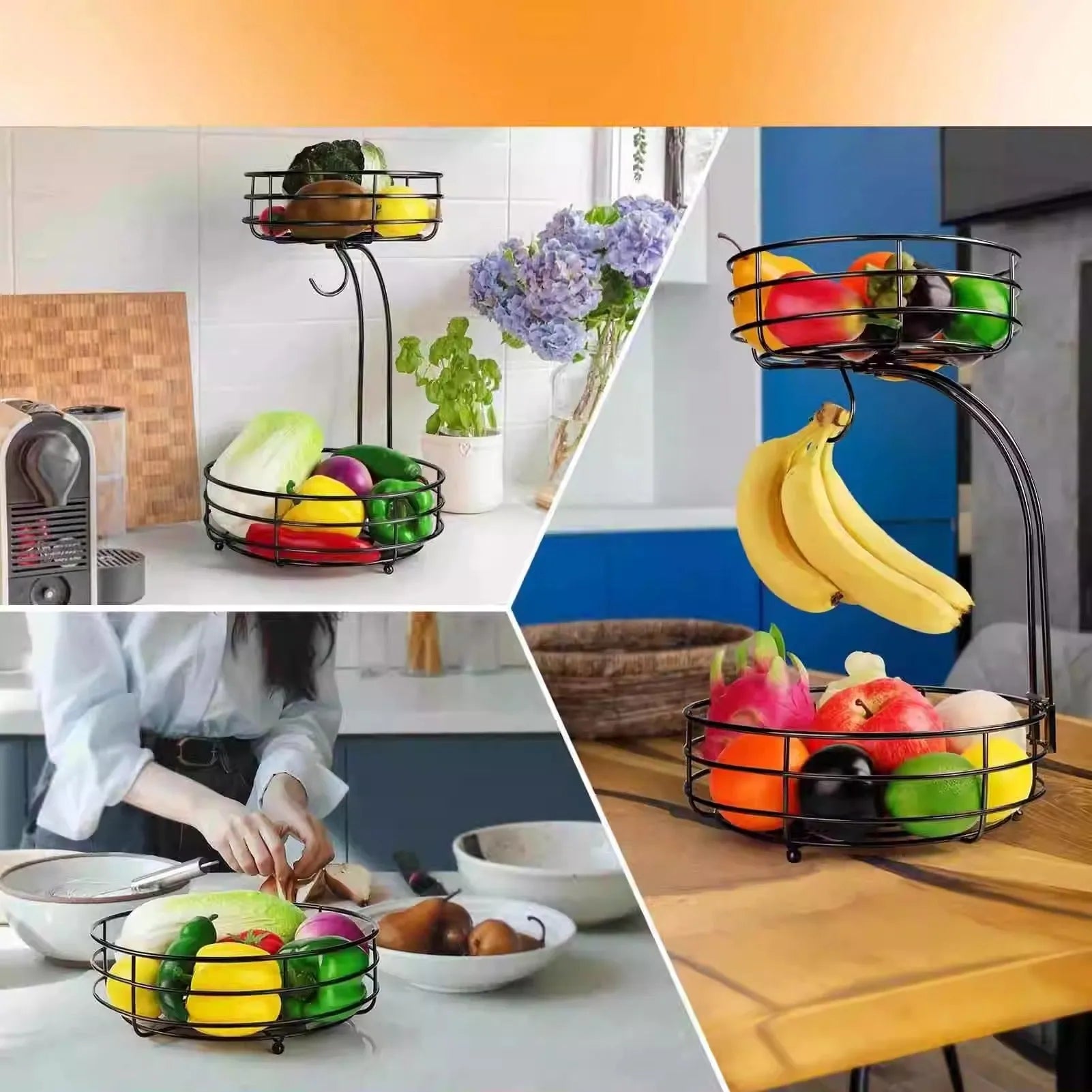 Wrought iron double-layer fruit storage basket in black or gold colour.