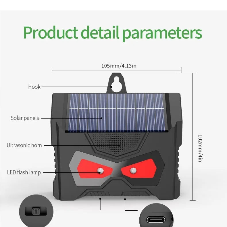 Black outdoor ultrasonic animal repeller with solar panel and charging cable