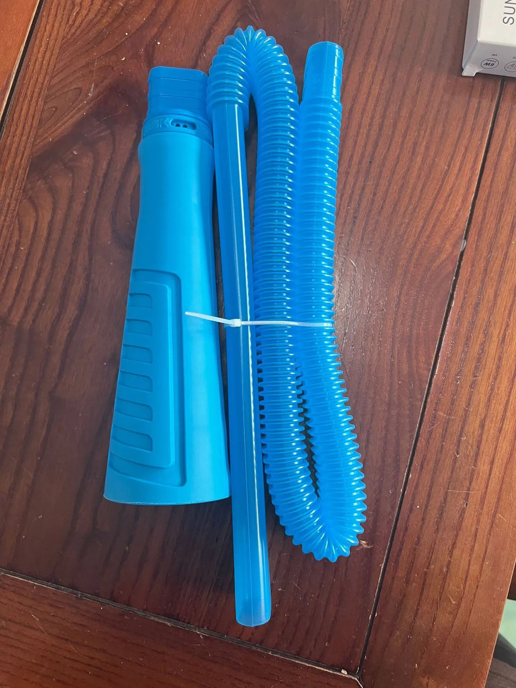 Blue plastic washing machine dust cleaner pipe with round head measuring 114cm long with three bag attachments