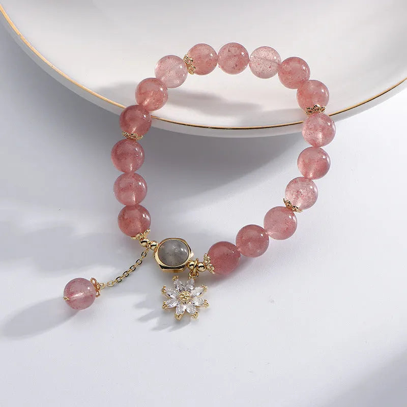 Pink strawberry quartz crystal bracelet with electroplated metal components and floral design in Mori style