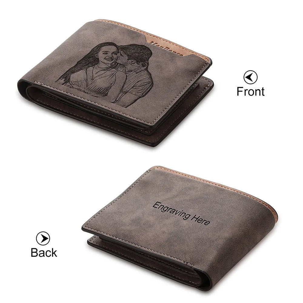 Coffee brown engraved horizontal short wallet with personalisation showing seven-slot interior