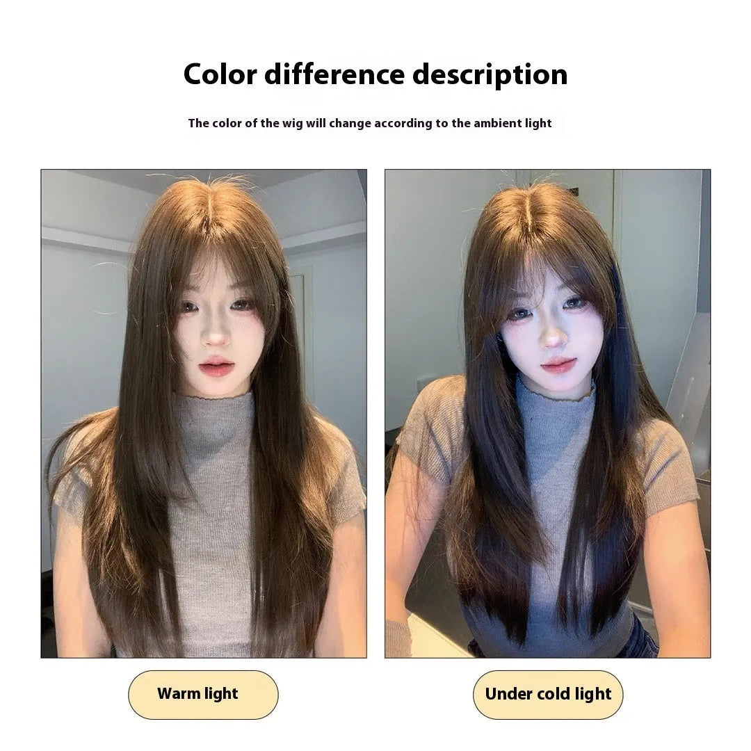 Women's layered long straight full-head synthetic wig in cold brown colour.