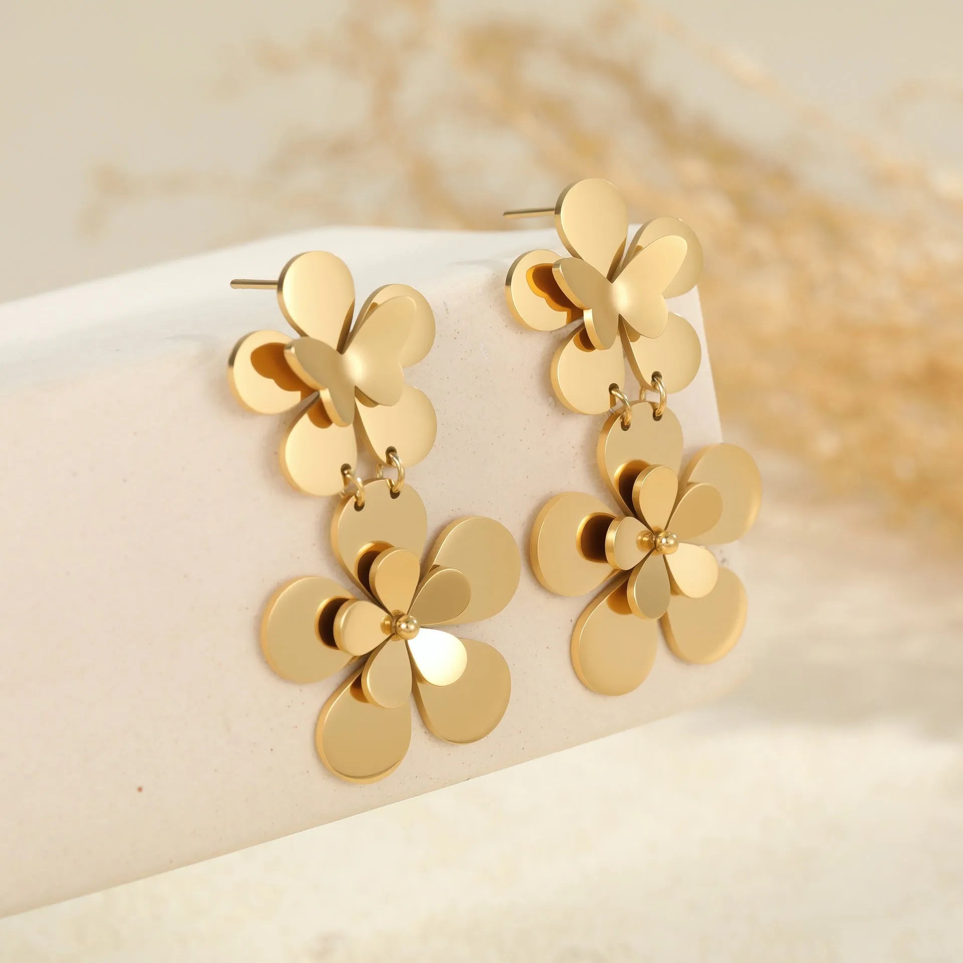Gold flower butterfly stainless steel earrings for women with 18K electroplating