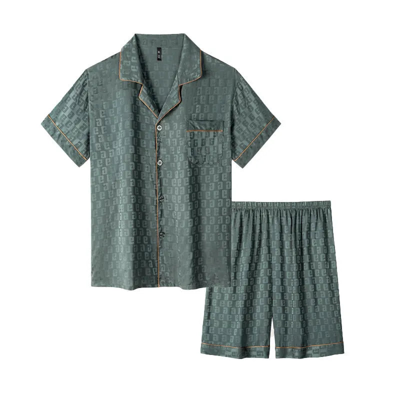 Men's ice silk cardigan pyjama set with shorts in satin jacquard pattern