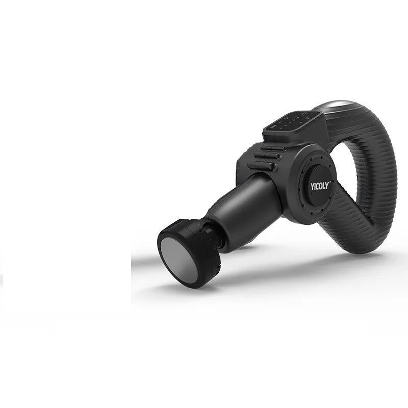 Black smart muscle massage gun with five attached massage heads on a table.