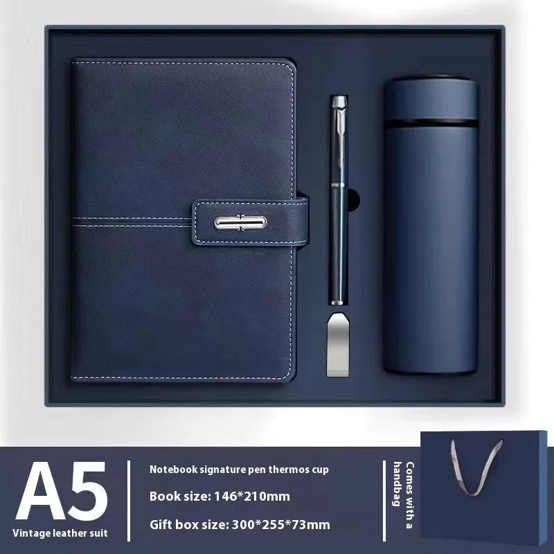A5 notebook with a PU leather cover, open to show wood-free paper pages.