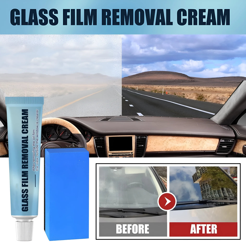 Blue car glass oil film remover stick and sponge for windscreen decontamination.