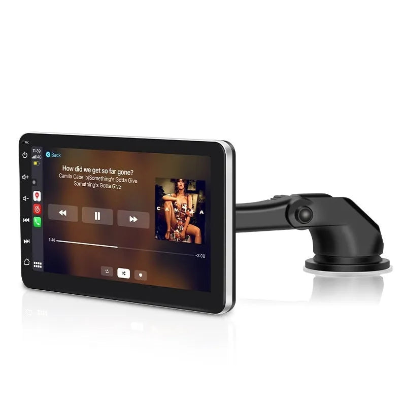 Wireless Bluetooth car navigation unit with 7 inch OLED screen showing map and reverse camera feed.