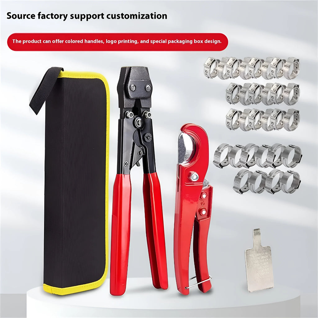 Red cloth PEX single ear metal clamp set with carbon steel cutting edge