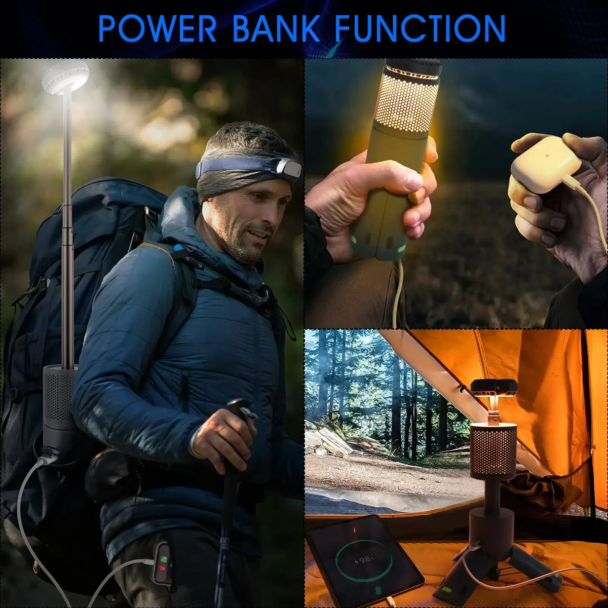 Portable LED camping lantern in off white or dark grey with button switch