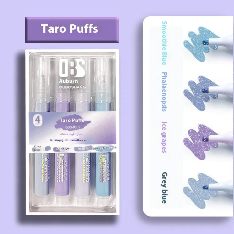 Four glitter fluorescent highlighter pens with slanted tips shown in a set.
