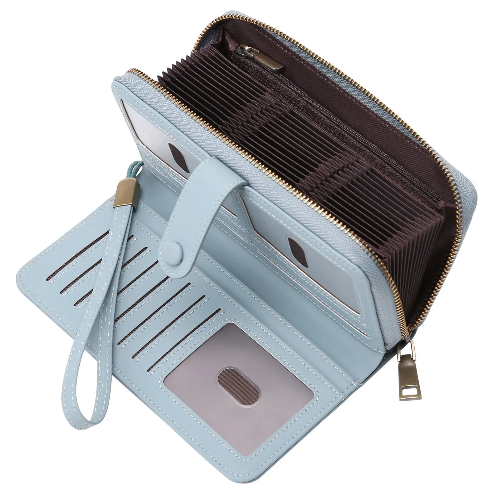 Expanding card holder women long wallet passport bag in light brown PU leather with anti-theft feature