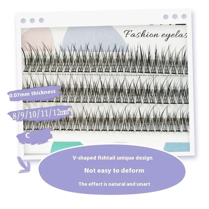 V-shaped black fairy fishtail false eyelashes showing thick segment design in 8mm, 9mm, 10mm, 11mm, and 12mm lengths.
