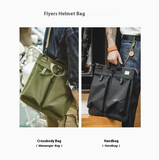 Canvas messenger bag with retro style, shoulder strap, and open showing 15-inch laptop compartment