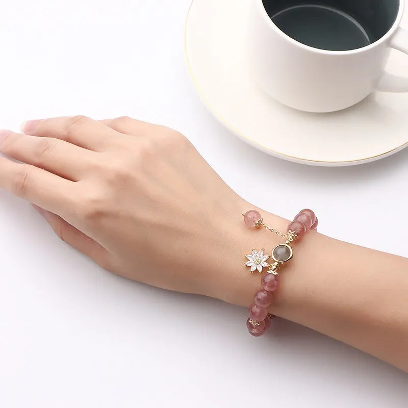 Pink strawberry quartz crystal bracelet with electroplated metal components and floral design in Mori style