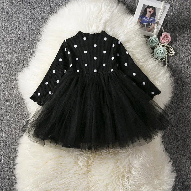Baby girl's long sleeve lace tutu dress in black, pink, or white for birthdays and christenings
