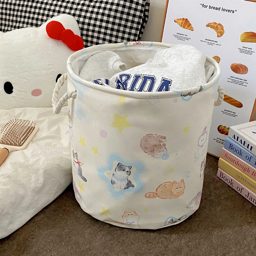 Foldable cotton cloth laundry basket with bear print design for bedroom storage