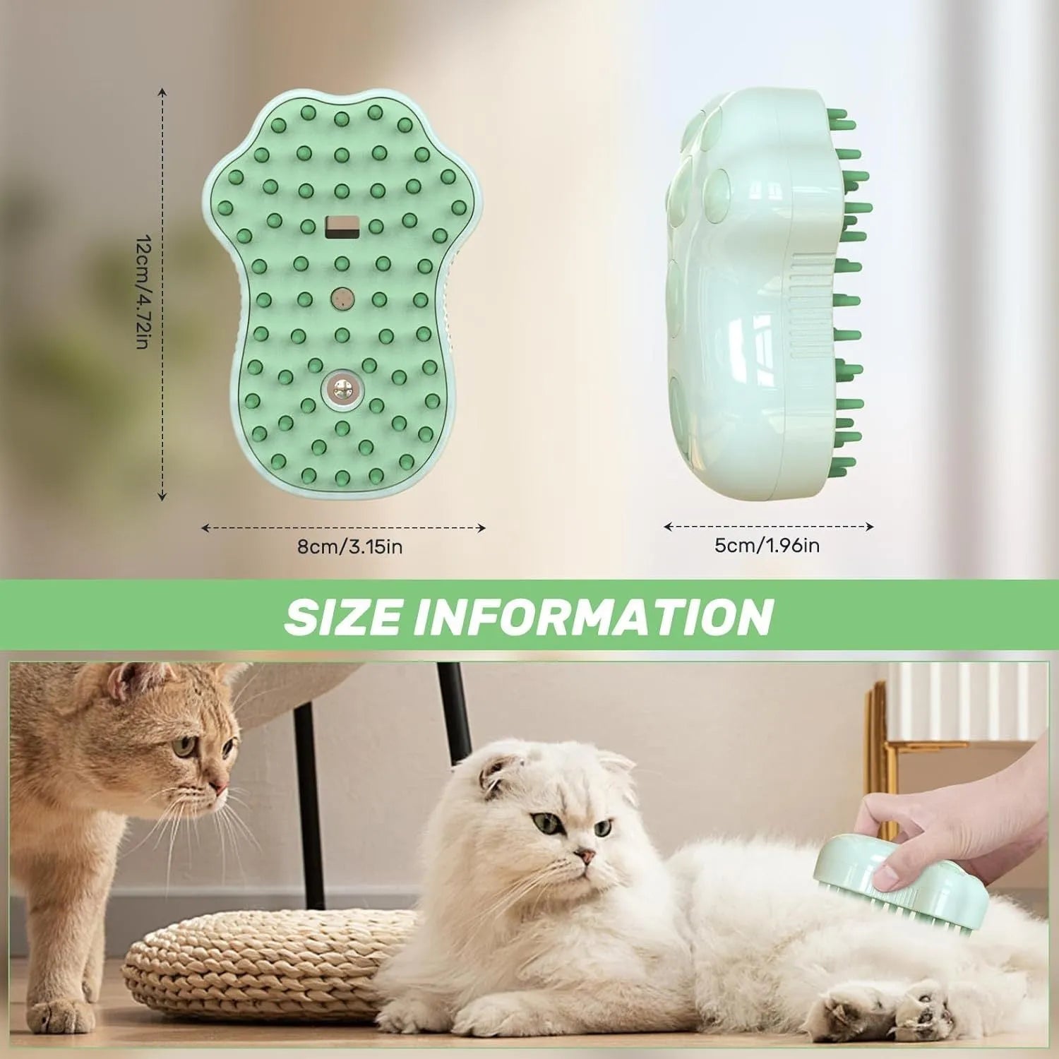 Self-cleaning cat steam brush with silicone bristles and release button in blue, green, or pink colours