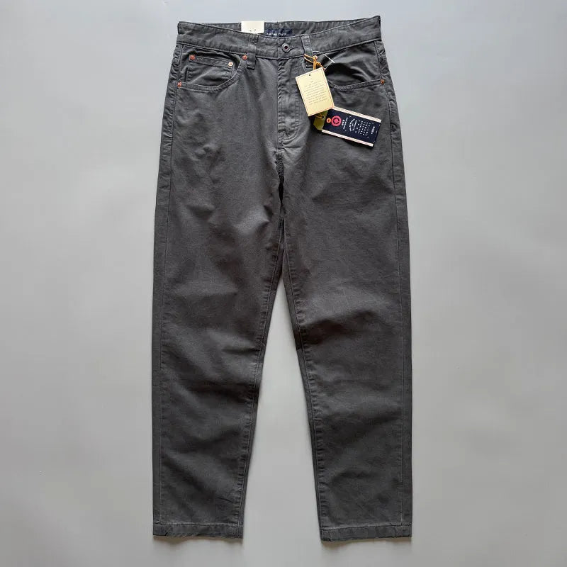 Men's straight cut cotton casual trousers in grey colour showing mid waist and straight leg design