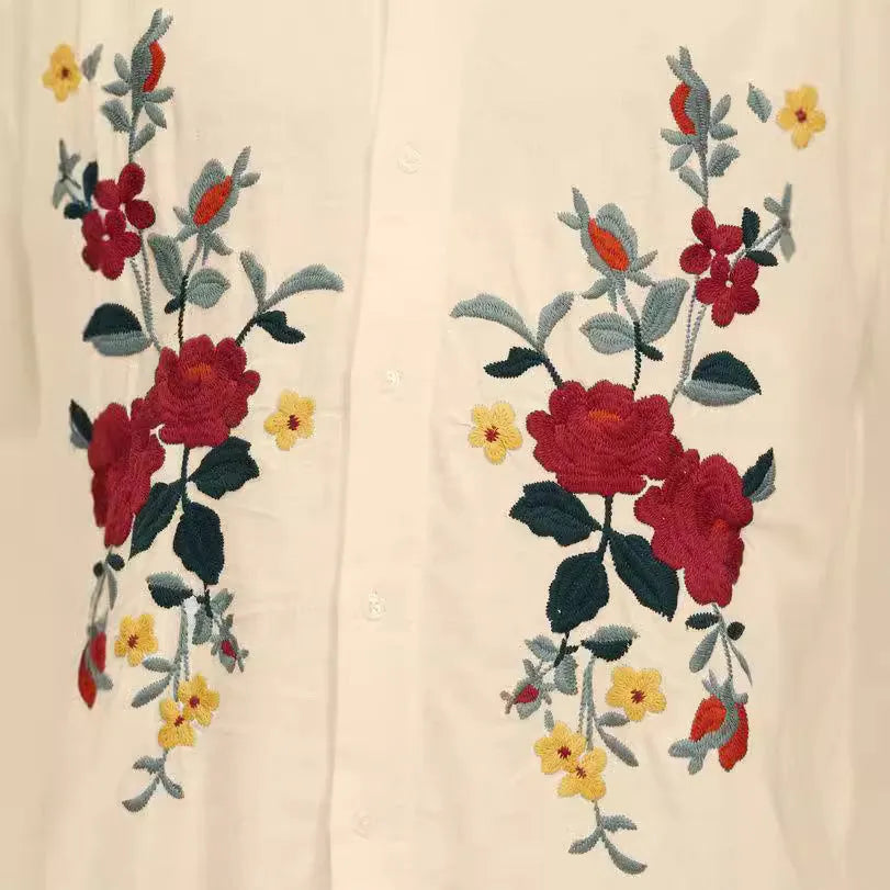 Apricot colour men's shirt with floral print pattern and lapel collar on white background
