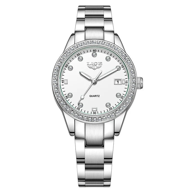 Fashion girl quartz watch with stainless steel case, luminous dial, and spiral crown in silver colour options