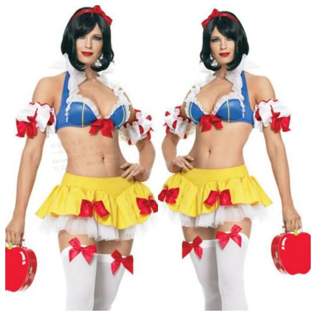 Snow White Halloween costume dress set with headdress, ruffled sleeves, and short skirt