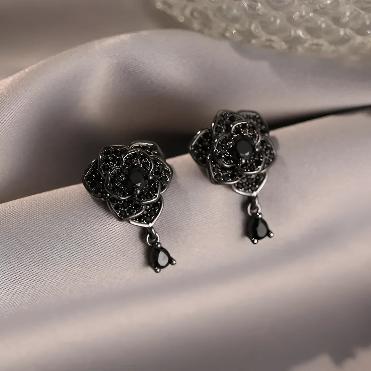 Black rose zircon flower stud earrings with electroplated 18K gold finish on copper