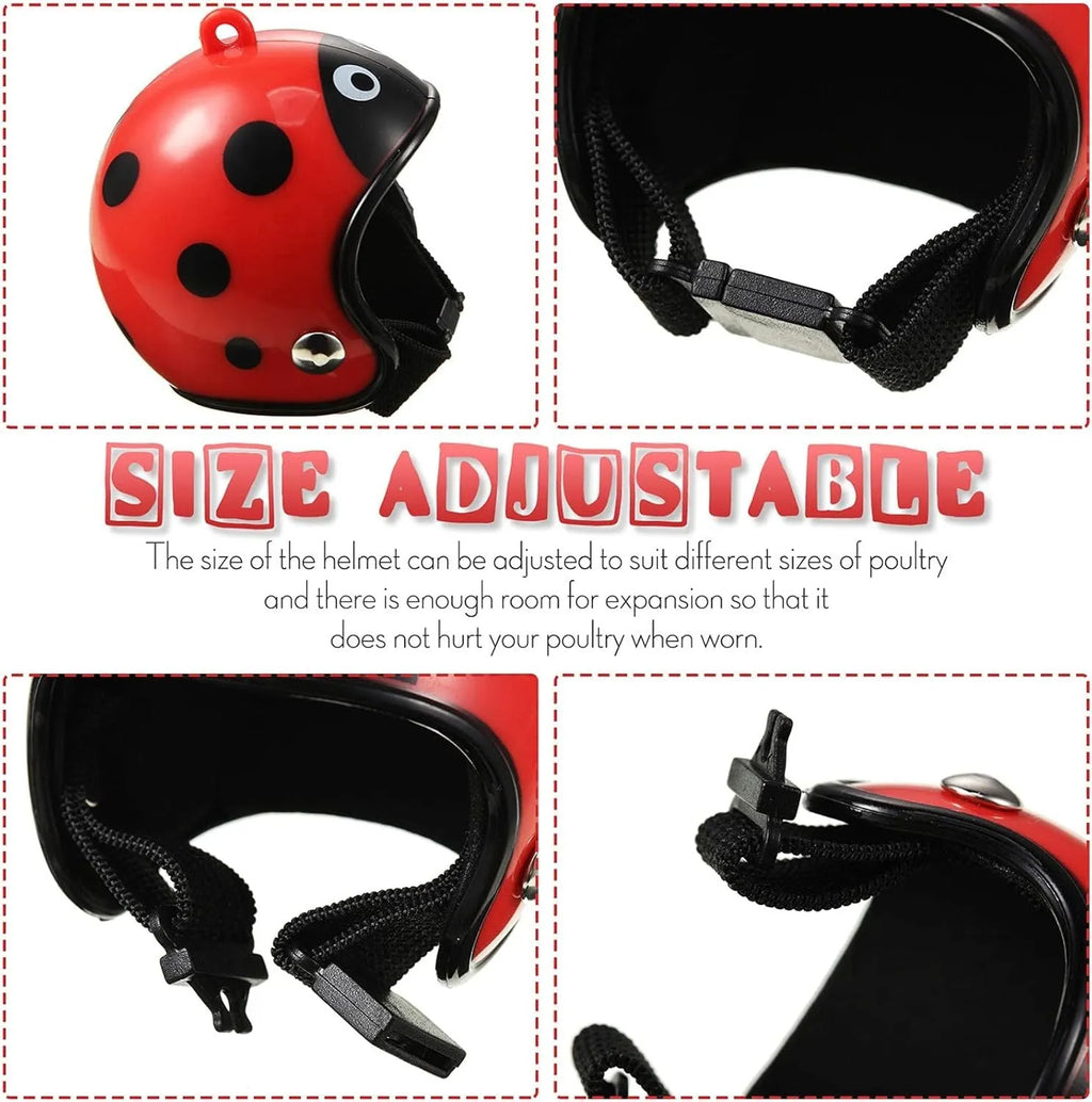 Small colourful plastic helmet with elastic straps, designed for a chicken or small bird to wear.