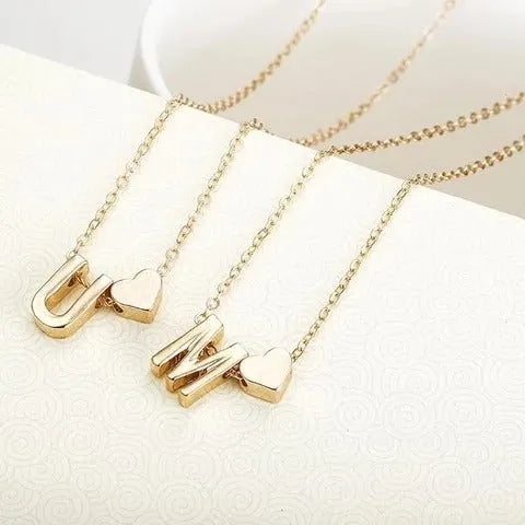 Peach heart shaped letter necklace pendant in gold and silver tone alloy jewellery