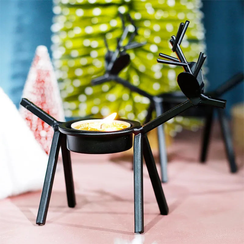 Black iron Christmas deer candlestick holder with elk bracket design for festive table decoration