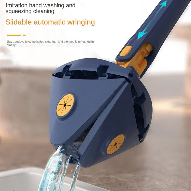 Blue extendable triangle cleaning mop with rotating head on stainless steel pole.