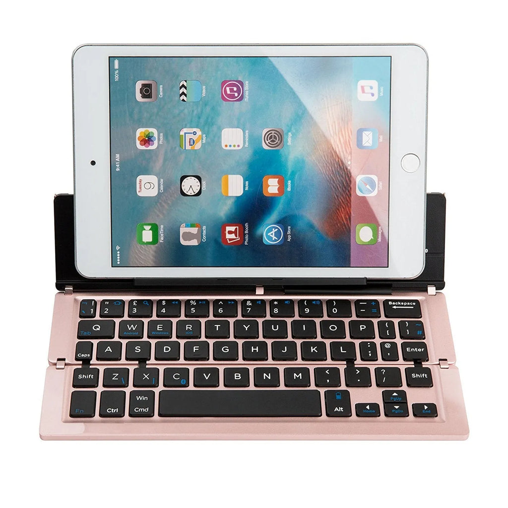 F18 three-fold folding wireless keyboard in aluminum alloy and ABS plastic, 58 keys, 22.6cm wide, Bluetooth, rechargeable.