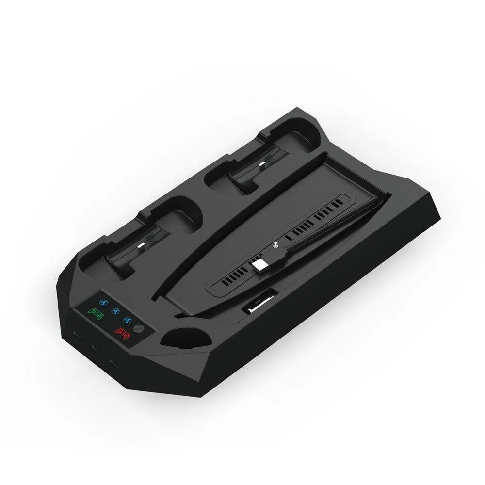 Black PS5 charging base stand holding a console upright with two wireless controllers charging in slots.