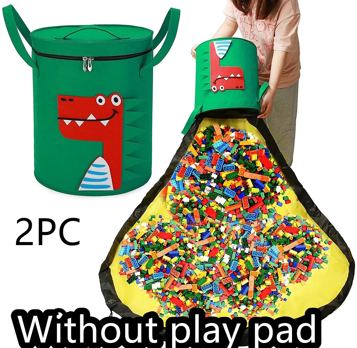 Green felt cube storage bag with pull rope that converts into a flat play mat for toys.