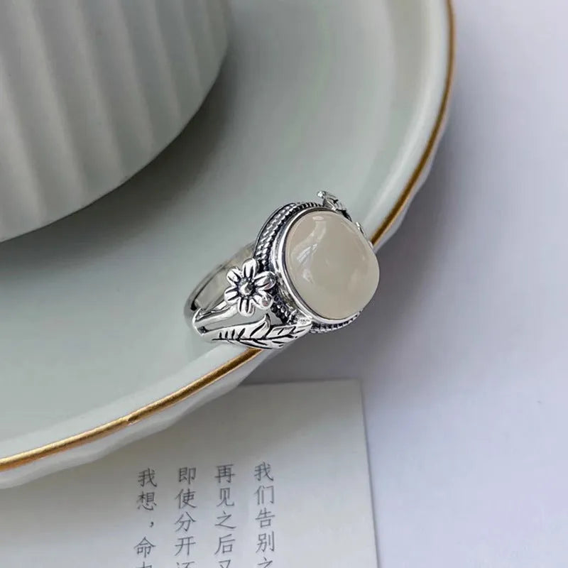 Copper vintage ring with imitation white chalcedony stone and adjustable opening