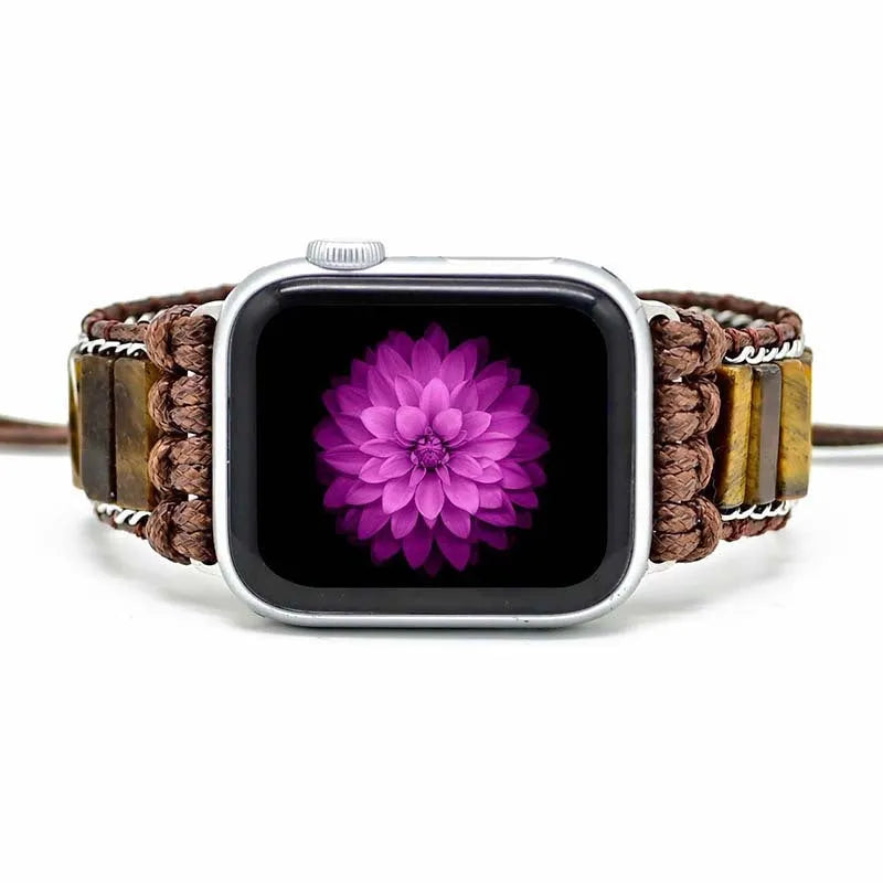 Rectangular tiger eye stone chain watch strap bracelet with adjustable textile band on wrist