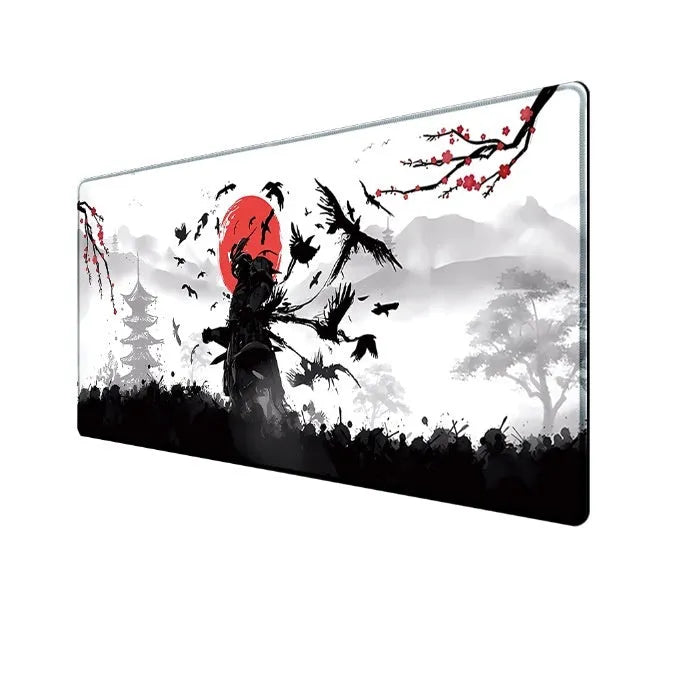 Japanese samurai design cloth gaming mouse pad on a desk, showing non-slip base and custom artwork.