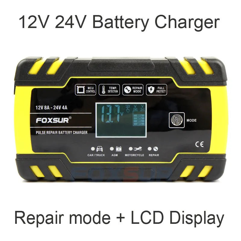 Motorcycle and truck battery charger with screen display showing charging parameters